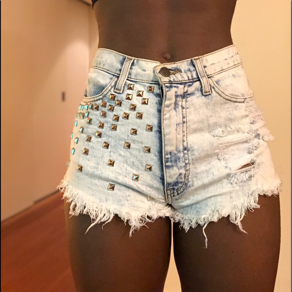 Studded Distressed High-Waisted Jean Shorts
